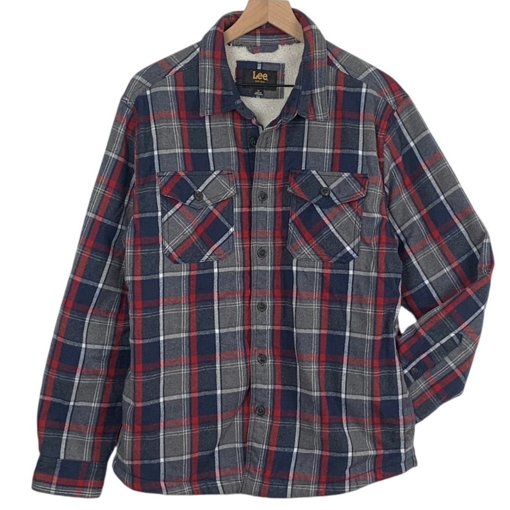 LEE Sherpa Lined Flannel Shirt Jacket Men's M Blue Red Plaid Regular Fit Pockets